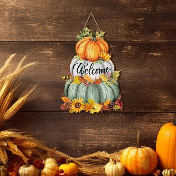 Fall Pumpkin Welcome Sign - Wooden Rustic Decorative Hanging Sign for Thanksgivi - Picture 5 of 6